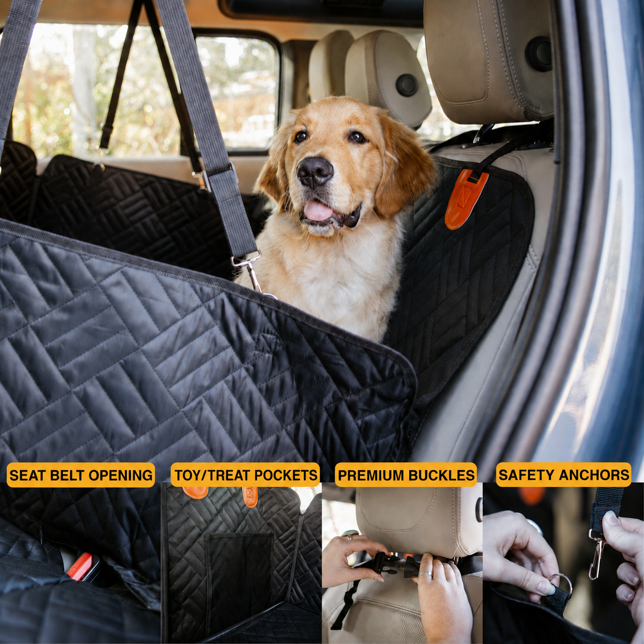 PekoPets K9™ Waterproof Hard Bottom Dog Car Hammock with Mesh Window & Free Safety Belt